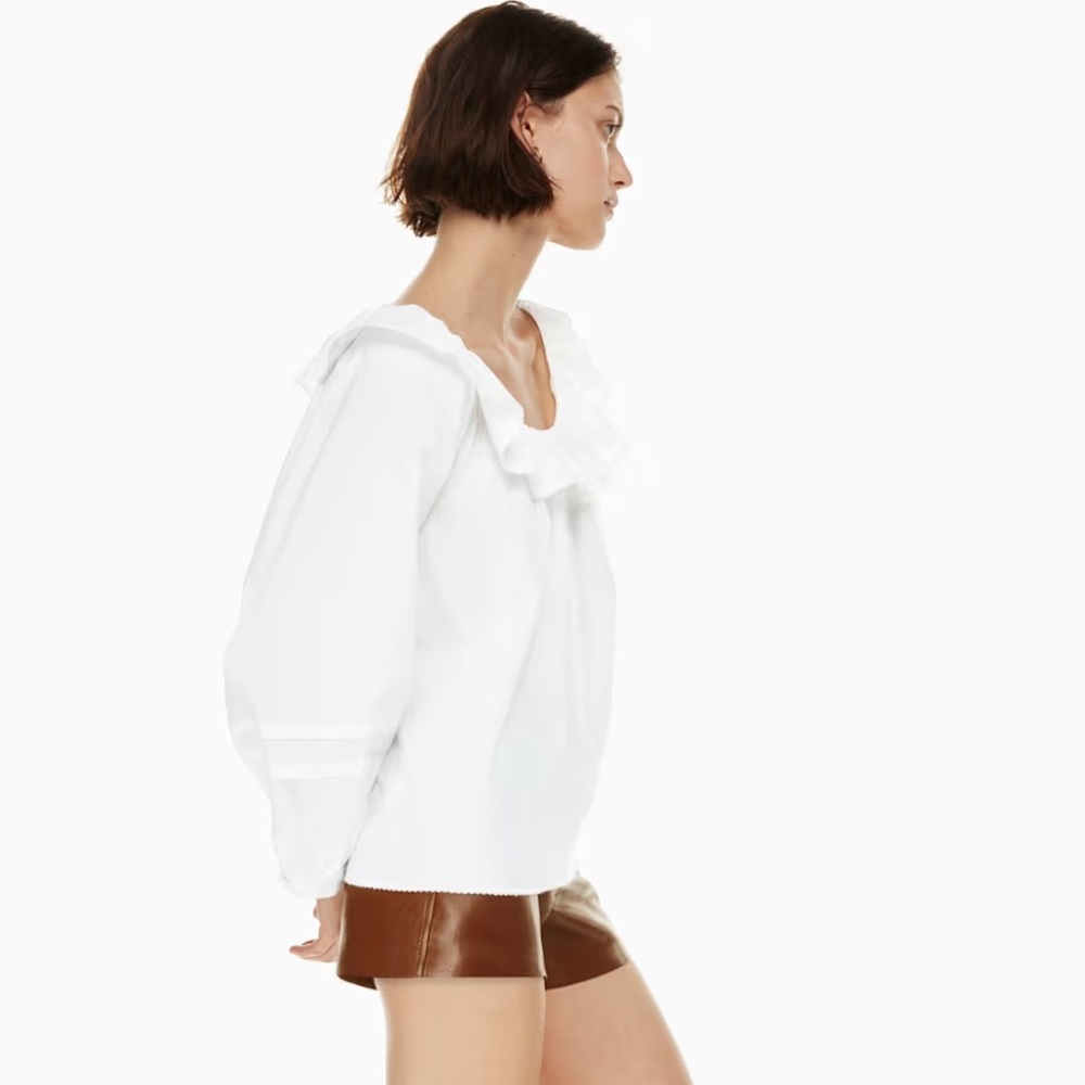 Aritzia Wilfred Verbena Poplin White Cotton Ruffle Boho Casual Relaxed Blouse L - Picture 4 of 17